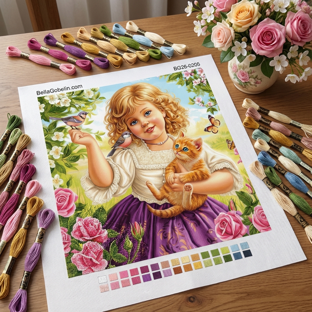 Kislány, macska és madarak.