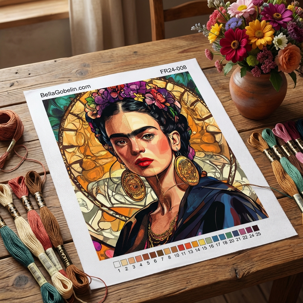 Frida Kahlo portré Alphonse Mucha stílusban