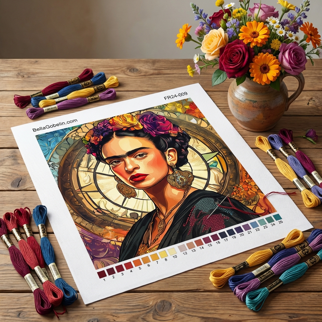 Frida Kahlo portré Alphonse Mucha stílusban